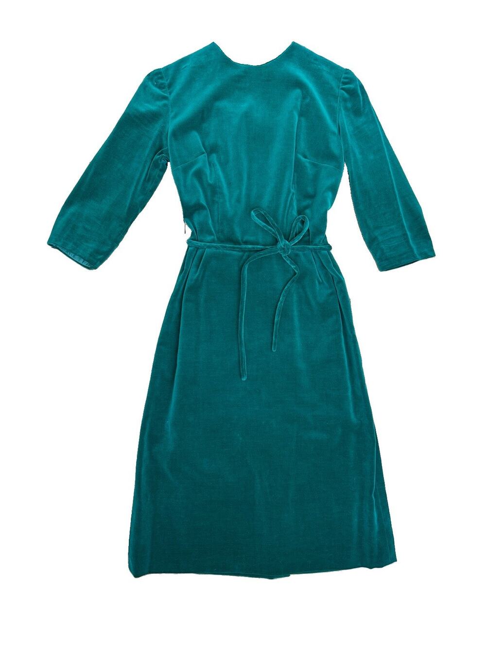 Vintage 60s 70s Emerald Green Velvet Dress Fit Flare Belted Cocktail | Size XS S